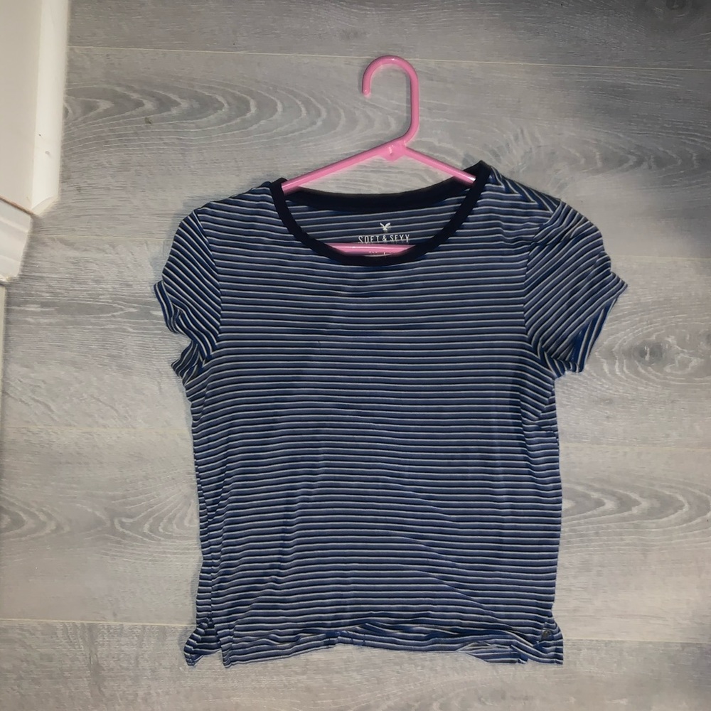 Black, white and blue striped crop top